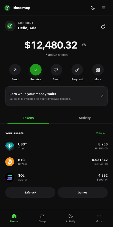Rimoswap extension home screen showing assets and wallet actions
