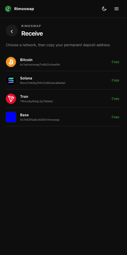 Rimoswap extension receive screen showing deposit networks