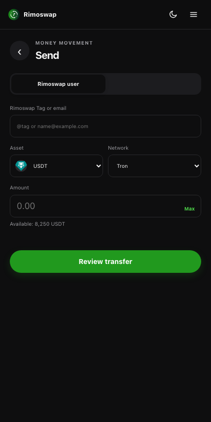 Rimoswap extension send screen