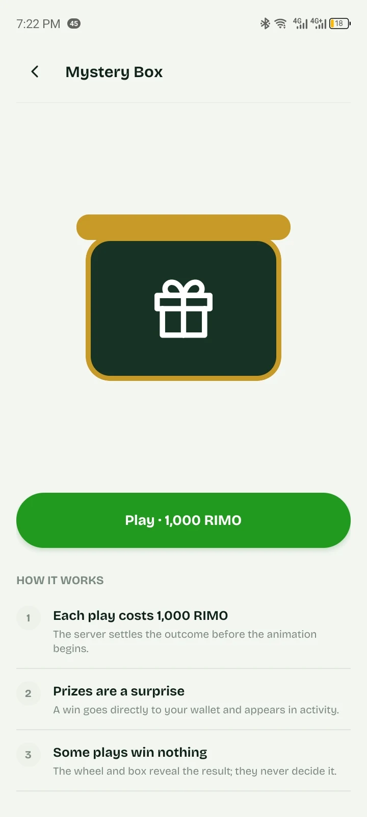 Rimoswap Mystery Box game screen in light mode