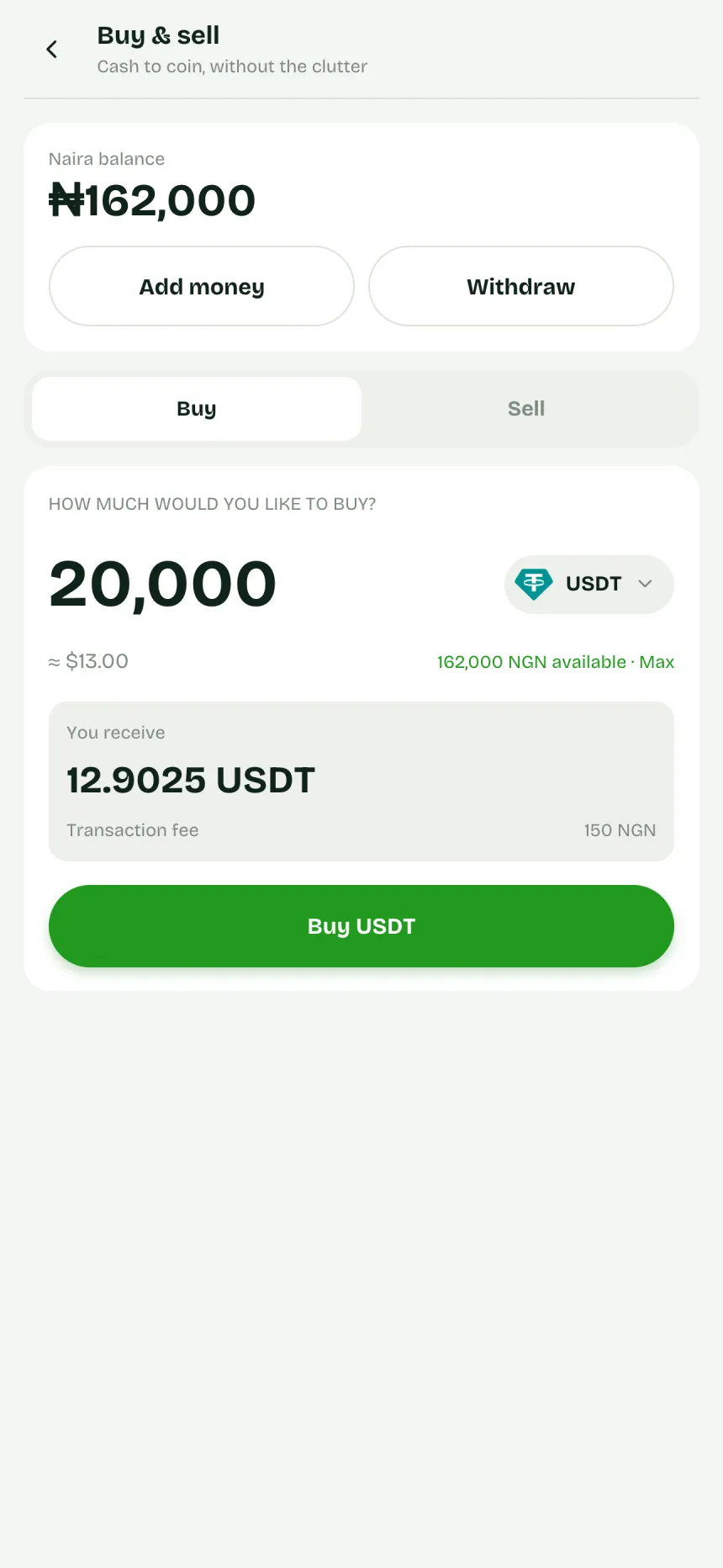 Buying USDT with naira: the amount received and the fee