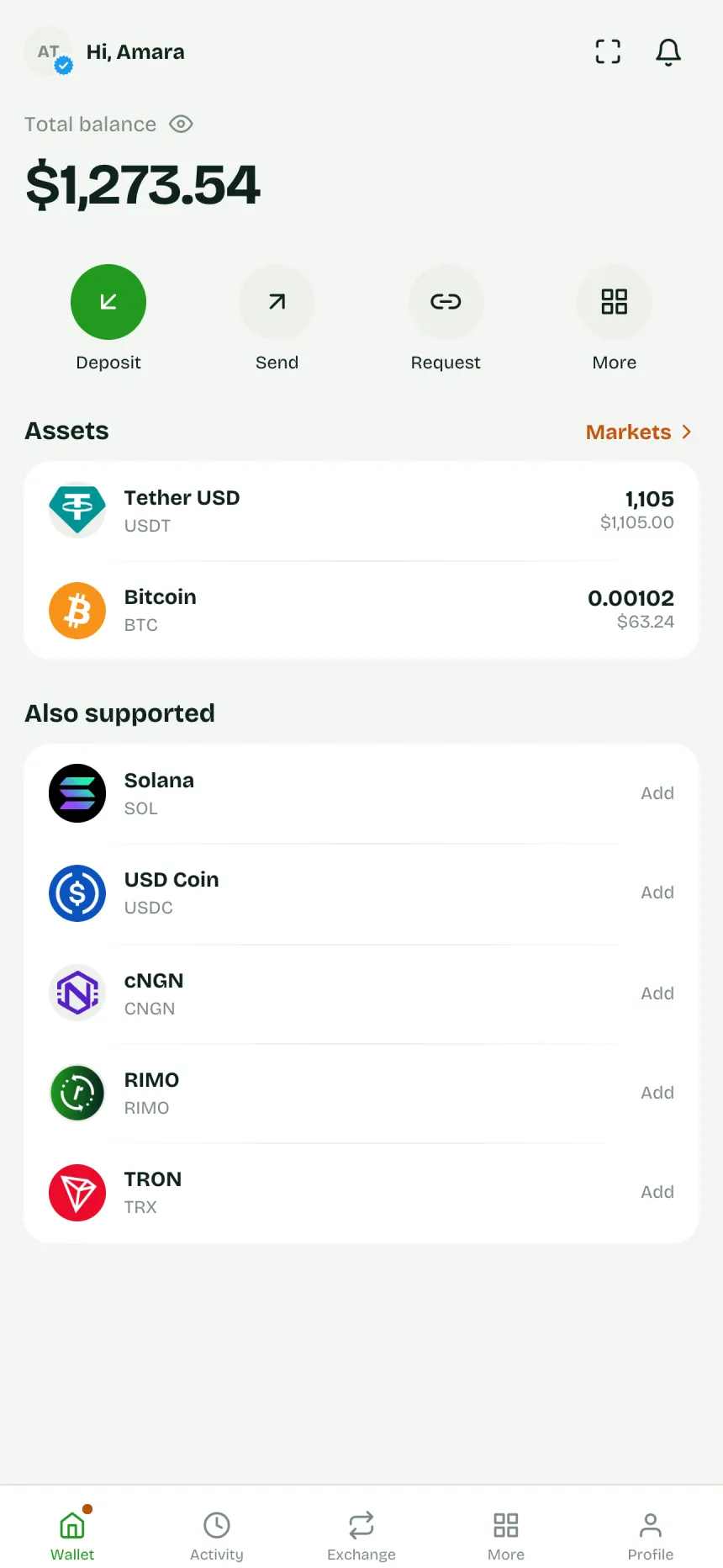 The Rimoswap app home screen: total balance, Deposit, Send, Request and assets