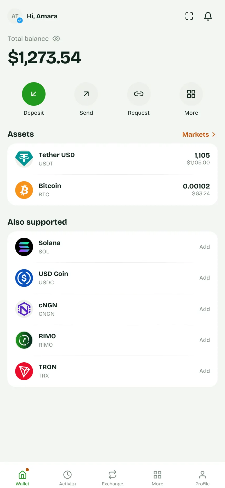 The Rimoswap app home screen: total balance, Deposit, Send, Request and assets