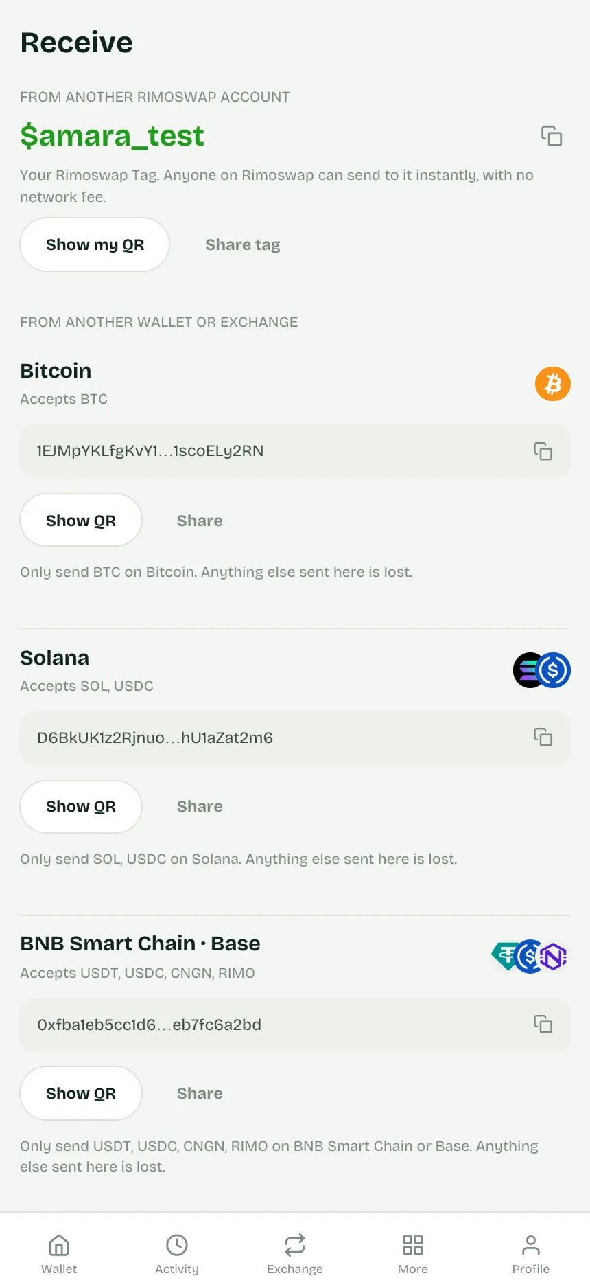 Receive screen: Rimoswap Tag and deposit addresses by network