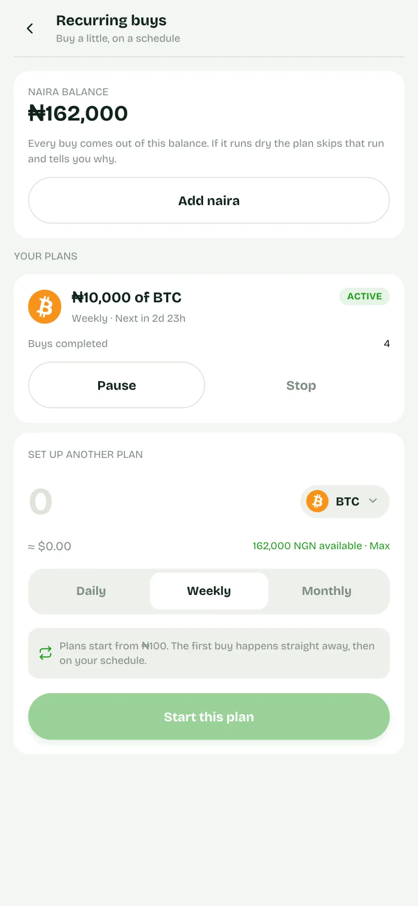 Recurring buys: an active weekly plan of ₦10,000 in BTC