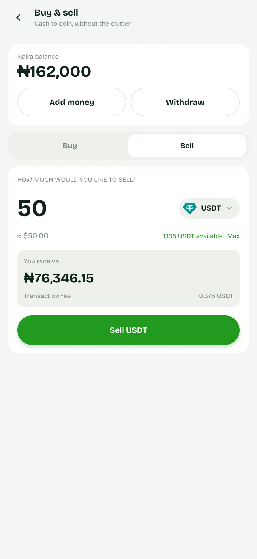 Selling 50 USDT: the naira received and the fee shown before confirming