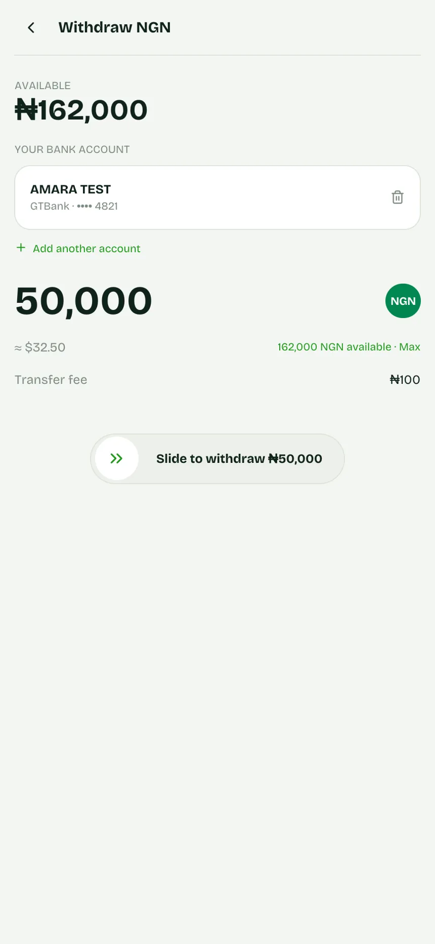 Withdraw naira to a saved bank account, with the transfer fee