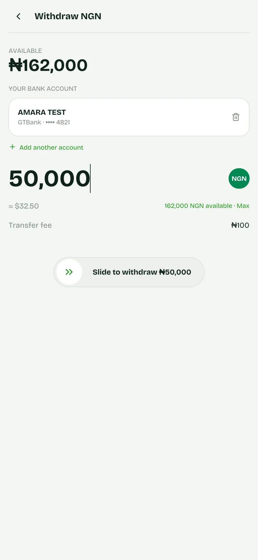 Withdraw naira to a saved bank account, with the transfer fee