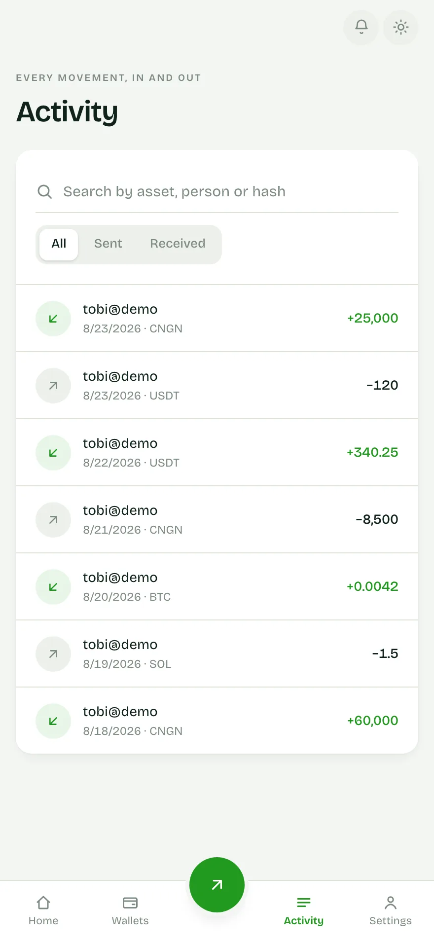 The Rimoswap activity screen, listing money sent and received