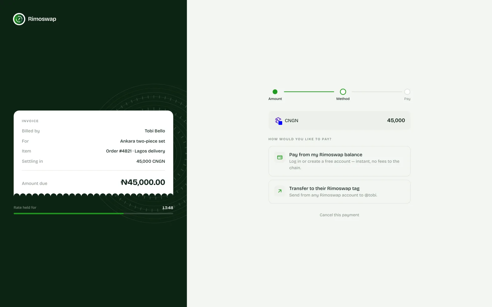 A Rimoswap checkout page: an invoice for ₦48,500.00 beside a choice of three ways to pay