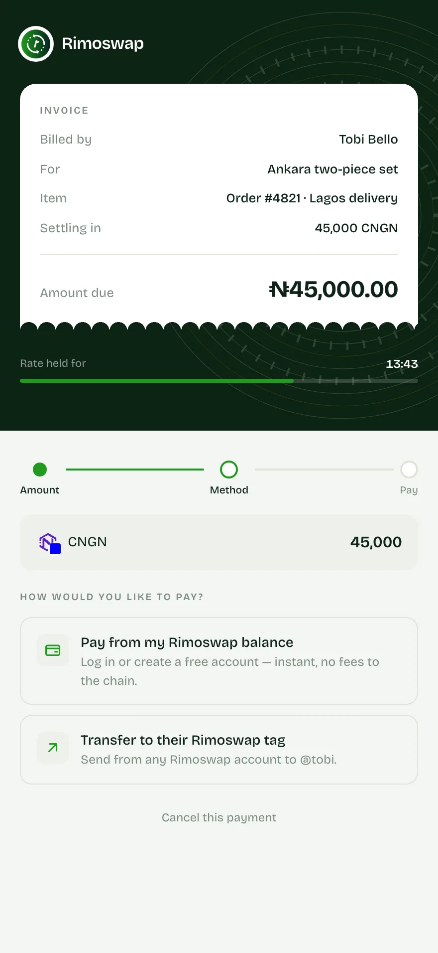 A Rimoswap checkout on a phone: an invoice for ₦48,500.00 above a choice of ways to pay