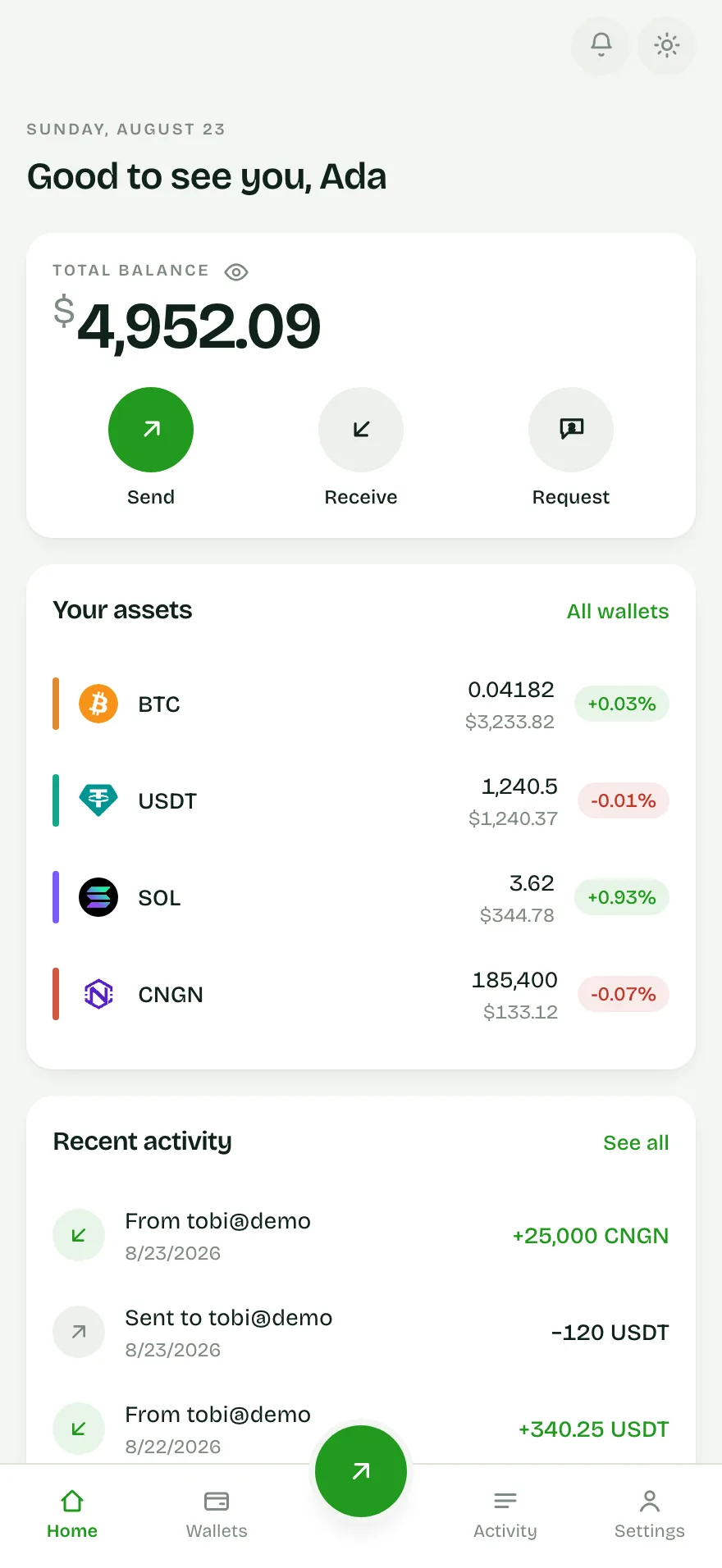 The Rimoswap home screen, showing a total balance and a list of assets