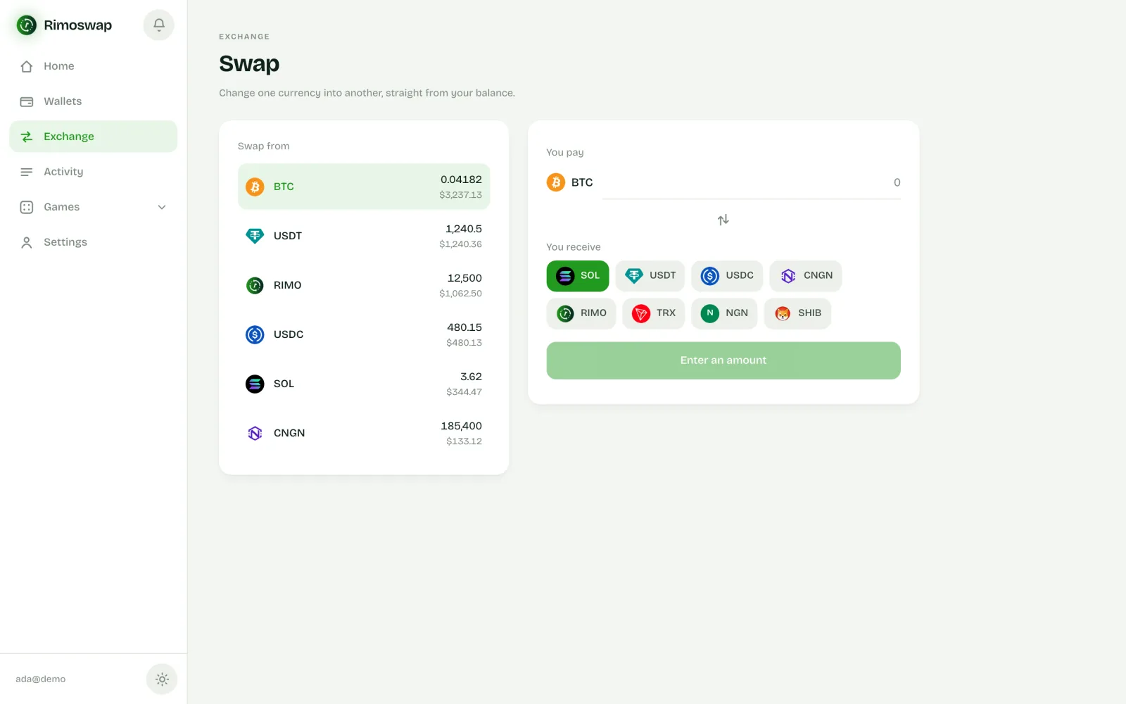 Rimoswap Exchange on desktop