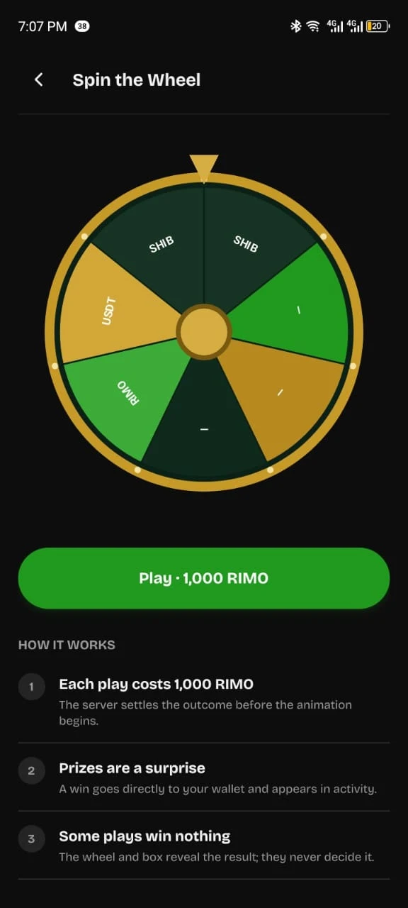 Rimoswap Spin the Wheel game screen in light mode