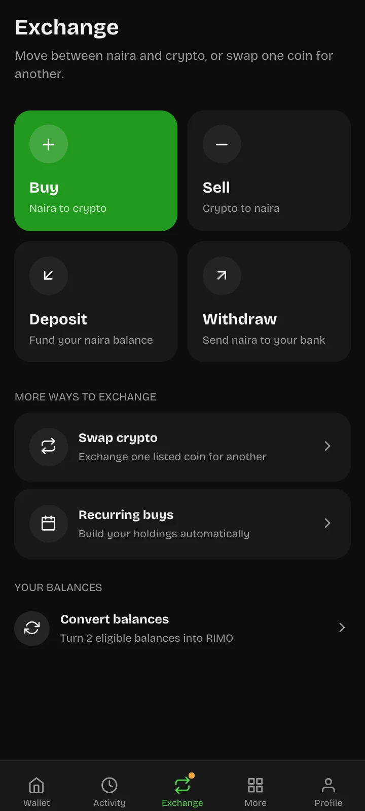 Rimoswap mobile features in dark mode