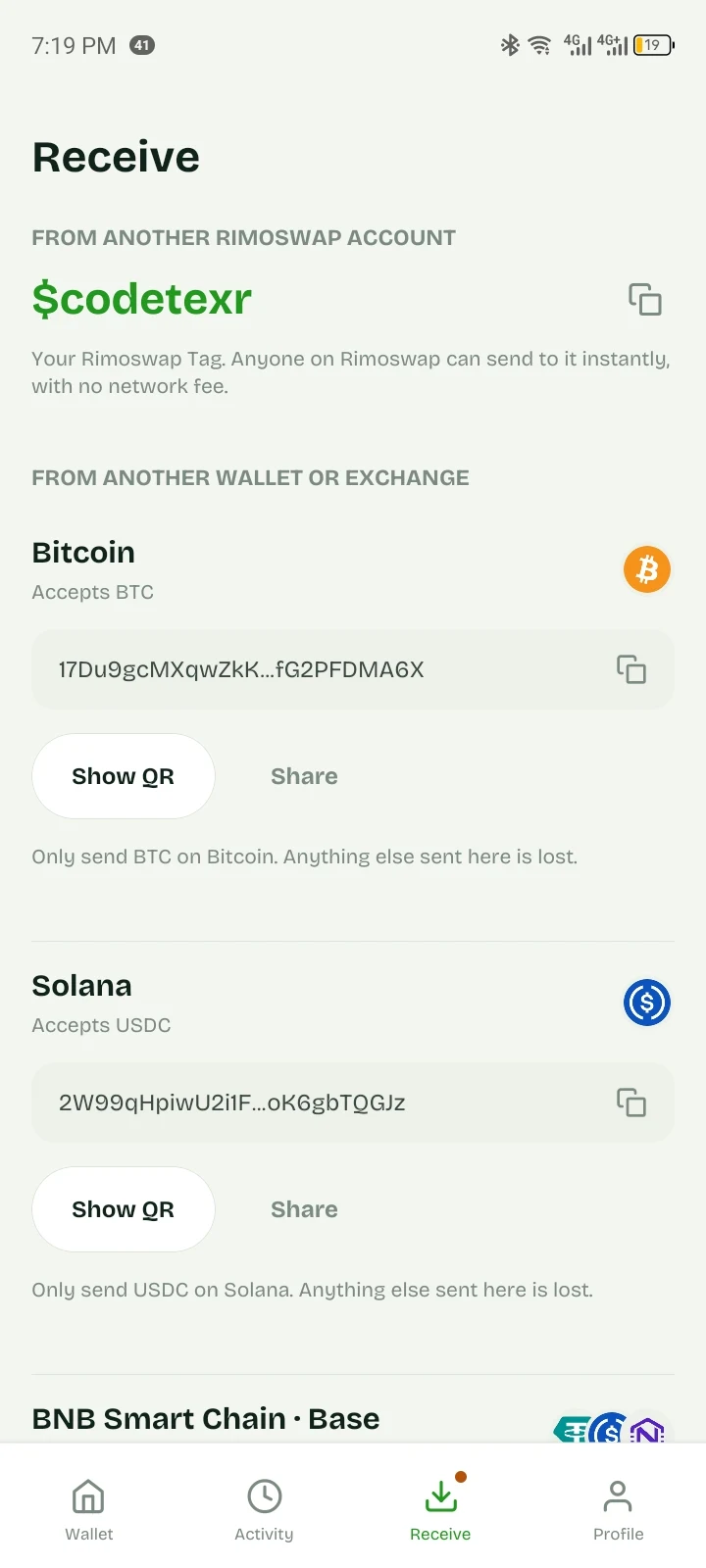 Rimoswap receive screen showing network deposit addresses
