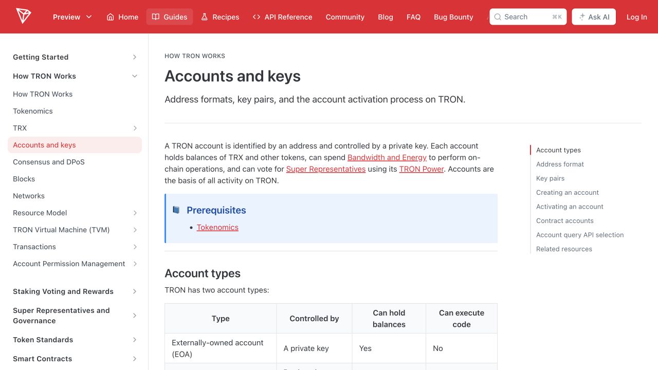 TRON developer documentation explaining accounts and activation